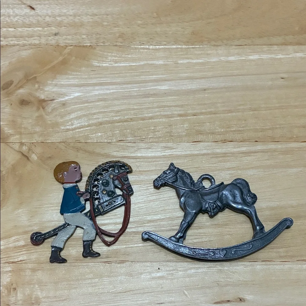 Vintage metal toy horse ornaments.  Rocking horse and stick horse